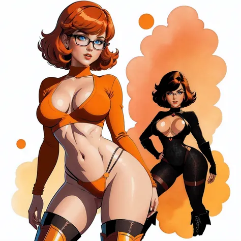 STICKER, A detailed illustration of a vivid Sexy Velma Dinkley from Scooby Doo naked, bare breasts, face view, ass view, side by side, orange thong, Solo Female, medium breasts, full cleavage, Full Body View, orange high heeled boots, soft nipples, hands b...