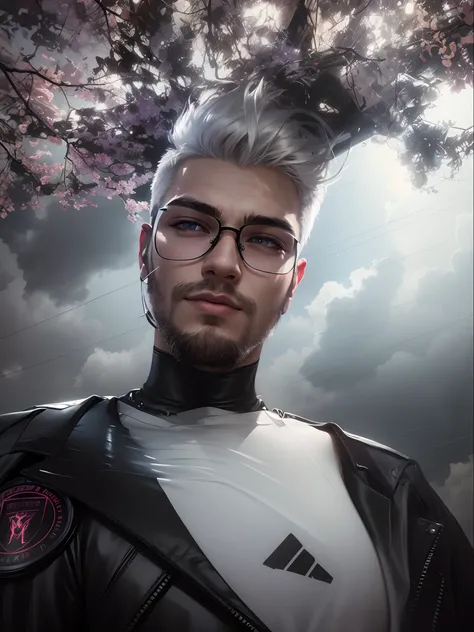 Realistic portrait, perfect coloring, vivid and real colors, a robust 21-year-old man with short white hair, wearing round cyberpunk style glasses and wearing black leather jacket with silver details, futuristic and gorgeous style, perfect