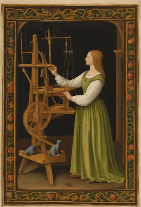 A closeup of a woman spinning a cat on a spinning wheel, um medieval, em estilo renascentista, em alto estilo renascentista, em estilo renascentista, Estilo renascentista do norte, Oficina Renascentista Italiana, inspirado em Christoffer Wilhelm Eckersberg...