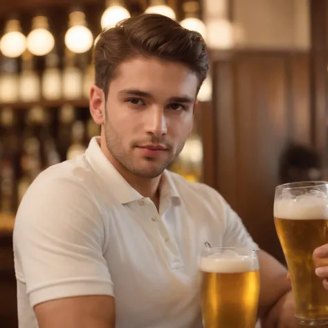 ((fotoretrato de rosto de um homem jovem)), idade de 25 anos, (com uma roupa casual polo:1.3), (homem gordo:1.4), (tomando uma bebida em um copo de cerveja:1.2), (bebendo uma cerveja, em um bar:1.45), em um bar, in white shirt, Highly detailed realistic sk...