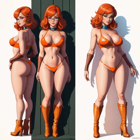 STICKER, A detailed illustration of a vivid Sexy Velma Dinkley from Scooby Doo naked, bare breasts, face view, ass view, side by side, orange thong, Solo Female, medium breasts, full cleavage, Full Body View, orange high heeled boots, soft nipples, hands b...