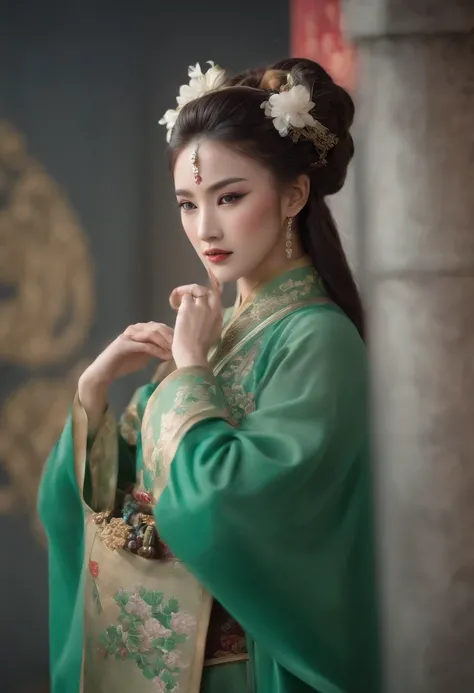 ((corps entier)), samdoesarts style award winning full body portrait of a beautiful woman, ((perfect female face)),((Old Chinese green clothes)), ((Green Beijing opera costumes)), (manches longues) Gloriette, complexe, (beautiful detail eyes, elongated eye...