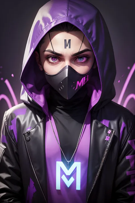 hacker vestindo um terno roxo com um sobretudo preto por cima, with a neon halloween mask with the letter M, fundo cor solida