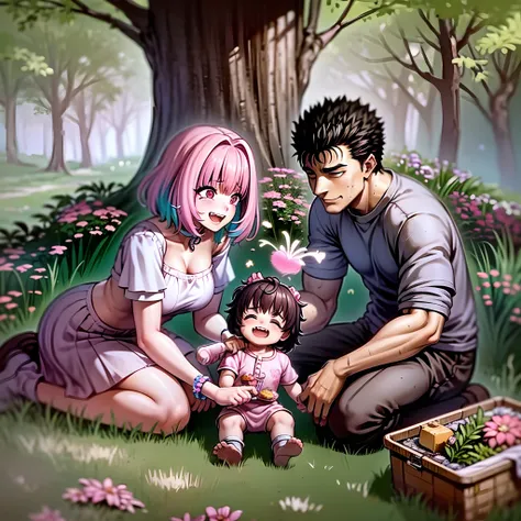 (a happy family in a picnic garden),(riamu as a motherly figure),(riamu and her husband spending quality time),(a couple enjoying the outdoors),(riamus children playing and having fun),(guts as a loving and caring father),(a loving husband and wife),(riamu...