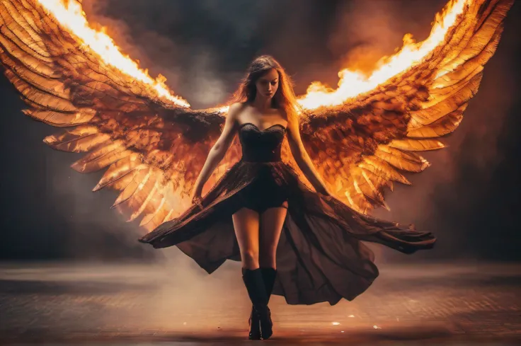 The evil fallen angel woman furiously stripped with huge wings of fire in the burning room.