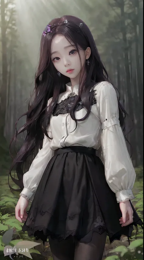 ((Jisoo Blackpink)), lace earrings, dress, black tights to the waist, close-up of thighs to face, shot from below, very light skin, very long hair, wavy hair, Camping, Forest, photorealistic, Lighting indirect, volumetric light, line tracking ray, hyper-de...