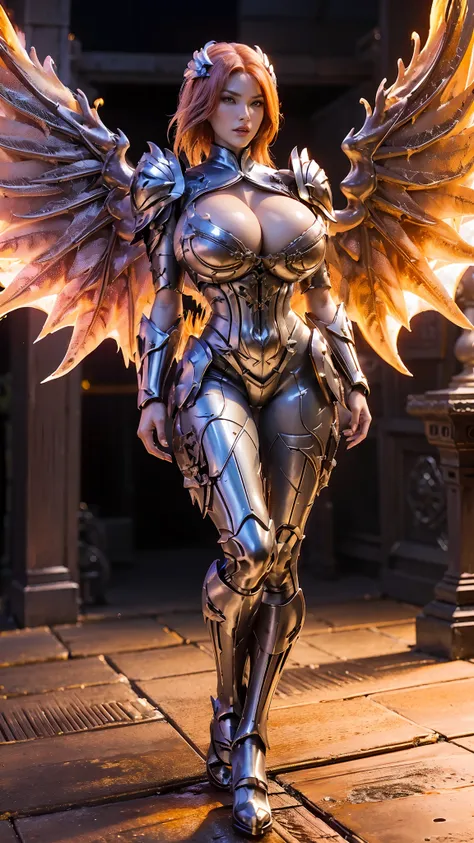 HUGE BOOBS, DRAGON ARMOR, LATEX SUIT, (CLEAVAGE), ((A PAIR LARGEST PHOENIX WINGS)), (TALL LEGS), (STANDING), SEXY BODY, MUSCLE ABS, UHD, 8K, 1080P.