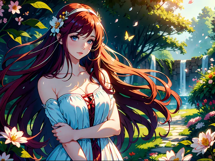 (best quality, realistic, highres:1.2), vibrant colors, detailed eyes and face, beautiful lips, flowing hair, (anime style), soft lighting, garden background, peaceful atmosphere, expressive eyes, delicate features, innocent expression, graceful posture, (...