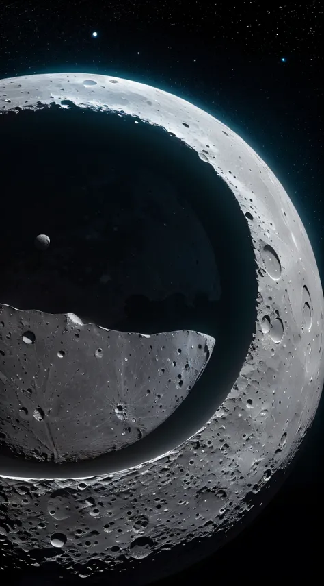 artists rendition of the flat moon,illustration,moons surface covered in craters,crater detail,textured surface of the moon,detailed shading,high-resolution image,realistic portrayal of the moons texture with intricate details and sharp edges,moon in grays...