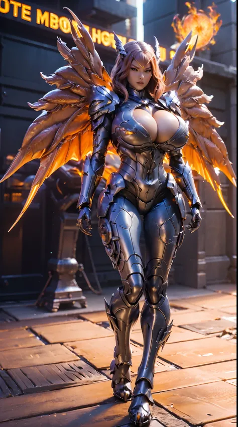 HUGE BOOBS, MECHA DRAGON ARMOR, FUTURISTIC, LATEX SUIT, (CLEAVAGE), ((A PAIR LARGEST PHOENIX WINGS)), (TALL LEGS), (STANDING), SEXY BODY, MUSCLE ABS, UHD, 8K, 1080P.