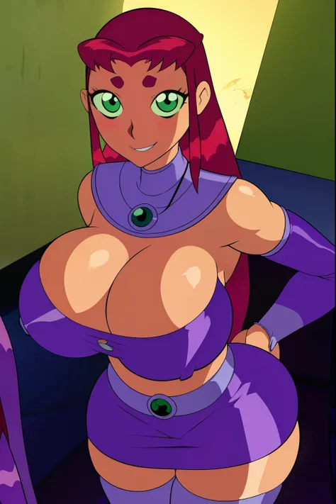 Teen titans, Starfire, anime, masterpiece, 1girl, ((bimbo))), green eyes, beautiful eyes, smile face, long red hair, wide hips, thick thigh, big breasts, cleavage huge ass, shiny skin, purple skirt, purple top, embarrassed, blushing, nipples, posing