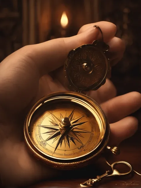 right hand holding a golden compass, realistic