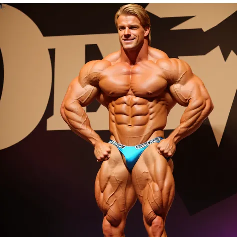 A photo of Gunter Schlierkamp as a great muscular bodybuilder with 8 pack abs and big biceps and big pectoral muscles,, rtx, 8k, smile, sexy, strong, erotic, muscular body, long hair, posing, big blond hair, muscle expansion, growth, muscle abnormal, extre...