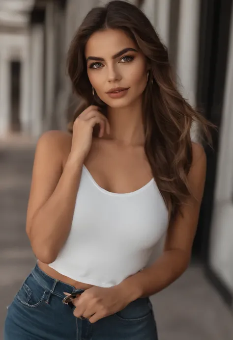 Arafed Mujer con una camiseta blanca sin mangas y un collar, Chica sexy con ojos verdes, Retrato Sophie Mudd, brown hair and large eyes, selfie de una mujer joven, Ojos del dormitorio, Violeta Myers, sin maquillaje, Maquillaje natural, staring directly int...