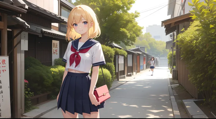 1girl in、delicate girl、A smile、short shirt、short skirt、（small tits）Chilarism、Japan High School Student Uniform、serafuku、summer clothing、（Sheer Bra）、Upper body portrait、the wind、blonde  hair、