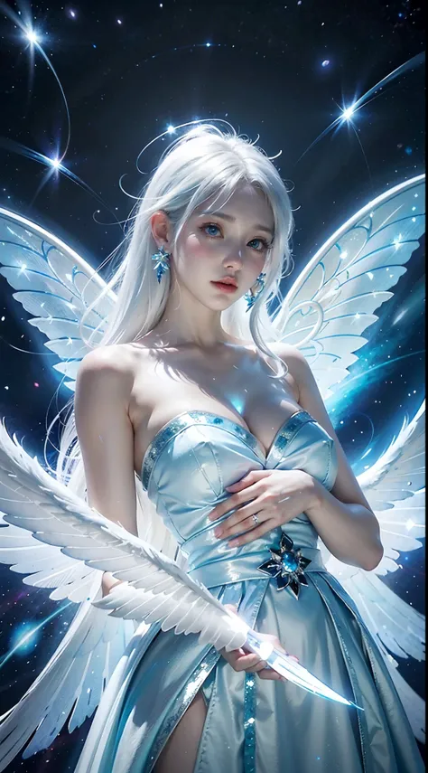 Anime girl with white hair and blue dress surrounded by flowers, astral fairy, big white glowing wings, Beautiful celestial mage, White-haired god, ethereal wings, Kushatt Krenz Key Art Women, Anime fantasy artwork, space flower fairy, Anime fantasy illust...