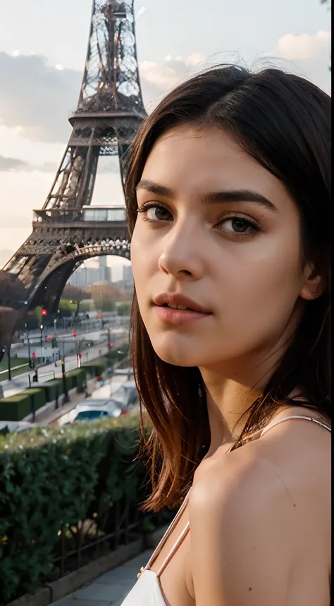 "Analysez l’image au format RAW avec le titre REST OF THE DIGITAL DREFLEX (KKW-PH1:0.9) representing a 20-year-old woman. Describes your facial expression and how it relates to the background environment, which includes the Eiffel Tower in Paris. Highlight...