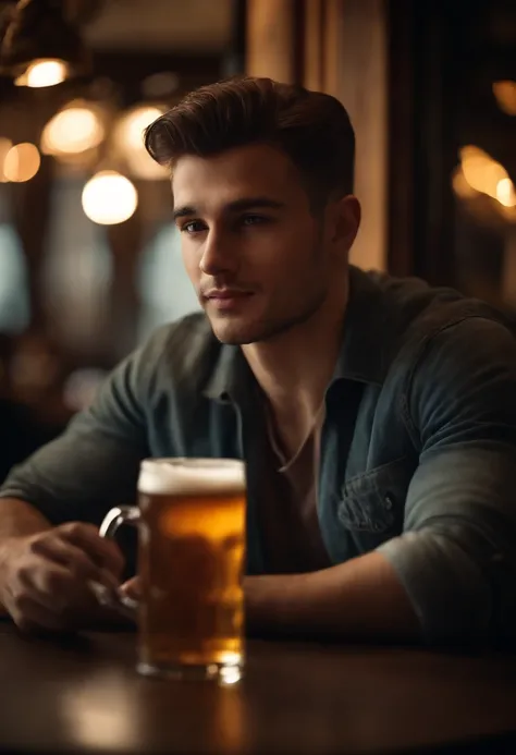 (best quality,highres),young man sitting,(realistic,photorealistic:1.37),detailed face and expression,gentle eyes,subtle smile,classic portrait style,warm color tones,soft and even lighting,detailed clothing,calm and peaceful atmosphere, holding a beer, no...