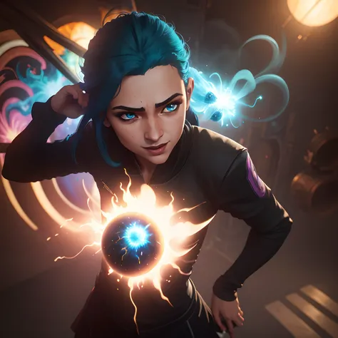 uma menina travessa, belos olhos detalhados, Flowing blue hair, vestindo uma roupa preta e roxa, surrounded by colorful explosions and smoke, magic effects, Vibrant and dynamic, Comic book style, dramatic lighting, cores vibrantes, playful and energetic at...