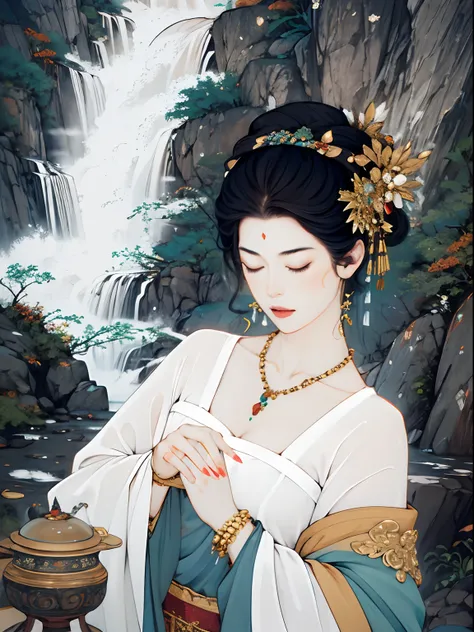 masterpiece, 1girl, nail_polish, jewelry, necklace, black_hair, closed_eyes, solo, dress,black_hair, ancient art, chinese, waterfall