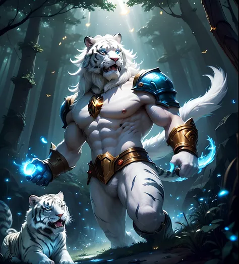 (masterpiece, 4k ,ultra detailed:1.2),(fantasy:1.2),illustration,(realistic:1),(photorealistic:1), (Volitiger, the champion from League of Legends:1.6), (white hair, very long fur:1.6),(roaring with open mouth:1.3),(white tiger with blue eyes and a glowing...