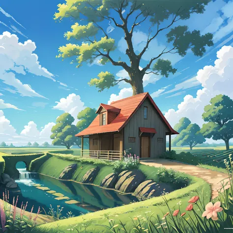 Cartoon house in a field with a stream running through it, paisagem campestre anime, arte de fundo do anime, beautiful anime scenery, papel de parede de paisagem anime, anime scenery, Fundo do anime, Paisagem do anime, scenery wallpaper, papel de parede de...