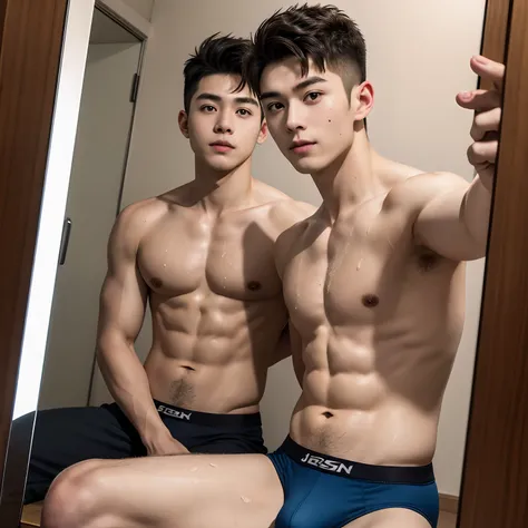 ​masterpiece、top-quality、ultra-detailliert、realisitic、SFW、1 juvenile、Take a selfie sitting in front of a mirror、Attractive 18-year-old Japan boy bends pose、((Mass sweat))、Upper body naked、Tight jockstrap、big bulge、nffsw、Unique、Wear full-body shots、