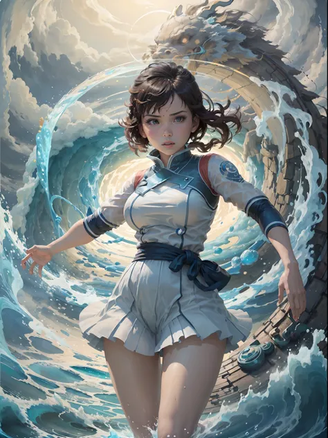 A girl with the power to bend water, a lenda de korra, surrounded by a circle of water driven by a wave of energy, rochas flutuando ao fundo