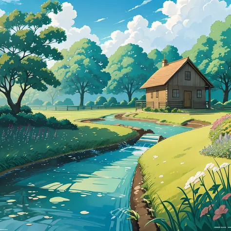 Cartoon house in a field with a stream running through it, paisagem campestre anime, arte de fundo do anime, beautiful anime scenery, papel de parede de paisagem anime, anime scenery, Fundo do anime, Paisagem do anime, scenery wallpaper, papel de parede de...