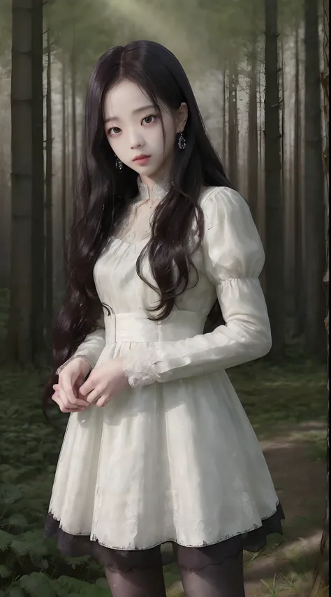 ((Jisoo Blackpink)), lace earrings, dress, black tights to the waist, close-up of thighs to face, shot from below, very light skin, very long hair, wavy hair, Camping, Forest, photorealistic, Lighting indirect, volumetric light, line tracking ray, hyper-de...