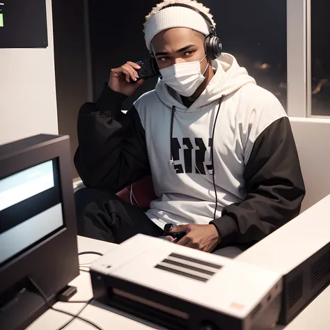 (Anime),(best quality),(camera facing), 1 guy light skinned black man, 30 years of age, big white eyes, plain white face mask covering mouth, headphones worn, xbox controller in hand