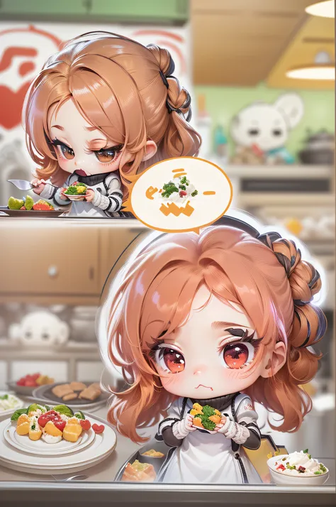 best quality, masterpiece, kyrielight mash, solo, 1girl, black eyes, white turtleneck shirt, (chibi: 0.6), light red hair, sticker, emoji, cute, white background, ((making food))