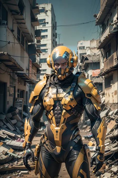 A highly technological and advanced alien soldier in an apocalyptic city, Facing the camera, tiro de meio corpo, wide angle, action pose, cor amarela