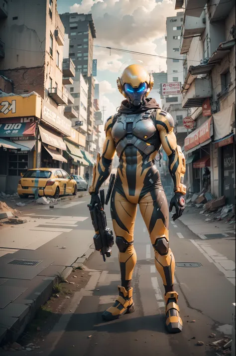 A highly technological and advanced alien soldier in an apocalyptic city, Facing the camera, tiro de meio corpo, wide angle, action pose, cor amarela