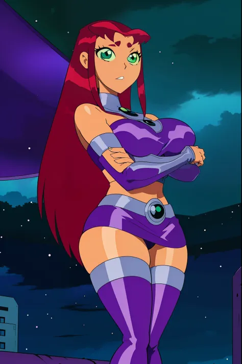 Teen titans, Starfire, anime, masterpiece, 1girl, ((bimbo))), green eyes, beautiful eyes, long red hair, wide hips, thick thigh, big breast, huge ass, shiny skin, purple skirt, purple top, raining, looking out of the window, crossed arms,