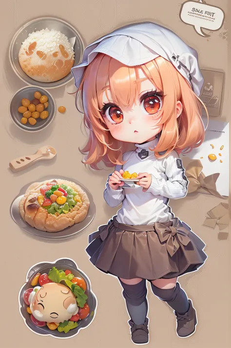 best quality, masterpiece, kyrielight mash, solo, 1girl, black eyes, white turtleneck shirt, (chibi: 0.6), light red hair, sticker, emoji, cute, white background, ((making food))