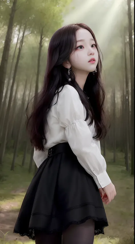 ((Jisoo Blackpink)), lace earrings, dress, black tights to the waist, close-up of thighs to face, shot from below, very light skin, very long hair, wavy hair, Camping, Forest, photorealistic, Lighting indirect, volumetric light, line tracking ray, hyper-de...