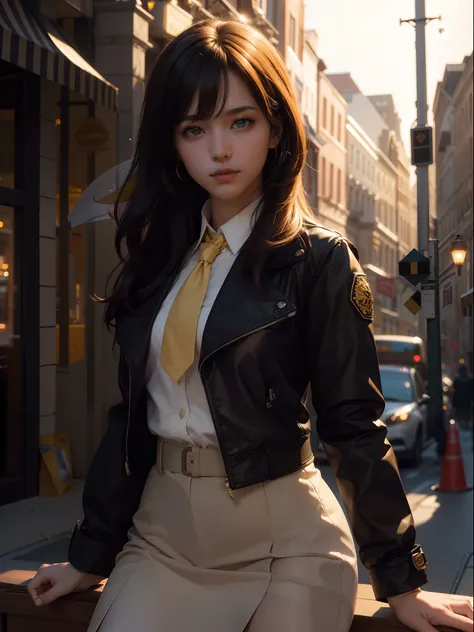 1girl, intricate detail, masterpiece, best quality, extremly detailed,cinematic lighting, beautiful detailed glow, finely detailed beautiful face and eyes, 8k, dark intense shadows, yellow eyes, medium hair, black hair, bangs, floating hair, black jacket, ...