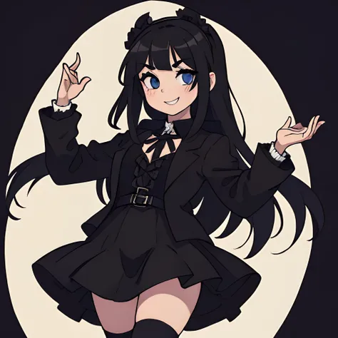 1 woman, Cool, good-looking, Cross-dressing, Gothic, Gothic, Onepiece, knee high socks, Black socks, Skirt, Black clothes, white frills, Black hair, Long hair, I cant see my eyebrows, Eyebrows and bangs are hidden, boyish, Head dress, Black lips , Black Ro...