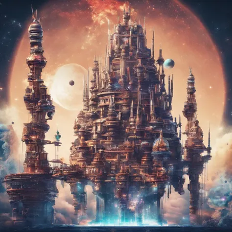 A futuristic world of science fiction, This huge castle in space has no concept of going up or down. An upside-down castle, uma fortaleza espacial, uma porta espacial, um aglomerado gigante de antenas, (best quality), (master part:1.3), no ground, outer sp...