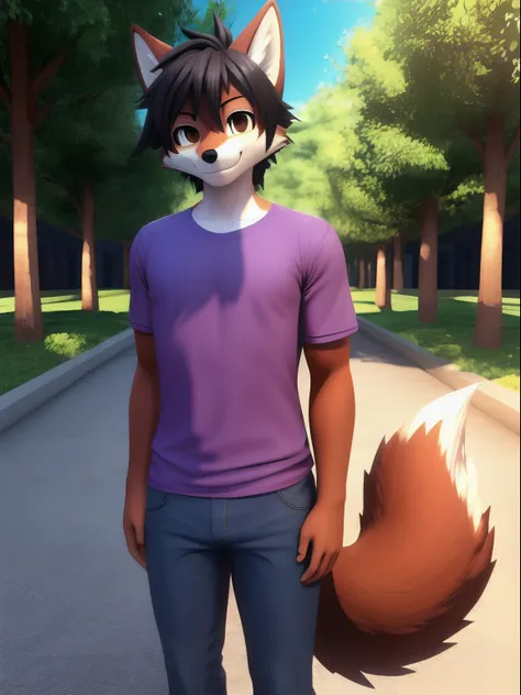 masterpiece, (male red furred wolf), (short black hair), smiling, at the park, good illumination, soft shadows, detailed face, smiling, sunshine, brown eyes, detailed body, anthro, male, looking to the camera, full body, (purple shirt), (tight blue jeans),...