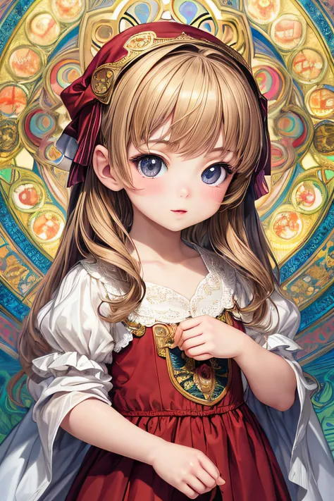 (anime), (masterpiece, best quality, ultra detailed:1.3), (1girl:1.2)
, (young girl, child-like face, loli), lustrous skin
, Krenz Kchart, (Botticelli:0.9), (Rembrandt, Rubens:0.85), (Vermeer, Monet:0.8)
, (Mucha background),