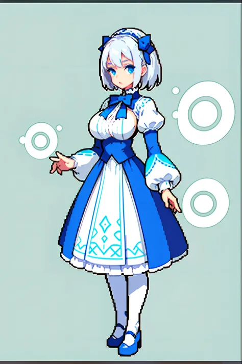 (masterpiece, top quality, best quality), pixel,pixel art,1girl, short white hair, white and blue Lolita outfit, full body, blue bows, blue eyes, looking to the side, gigantic breasts, flowers