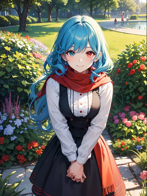 Close up, garden, park, greenery, woman, smiling, happy expression, light blue hair, medium length curly hair, Heterochromia, red and orange eyes, red scarf, black skirt