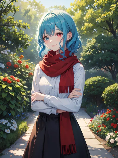 Close up, garden, park, greenery, woman, smiling, happy expression, light blue hair, medium length curly hair, Heterochromia, red and orange eyes, red scarf, black skirt