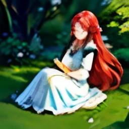 (best quality,4k,8k,highres,masterpiece:1.2),ultra-detailed,(realistic,photorealistic,photo-realistic:1.37), redhead,long wavy hair with a white flower on the right side, deep crimson eyes, a hint of sadness in her expression, sitting in a peaceful garden,...