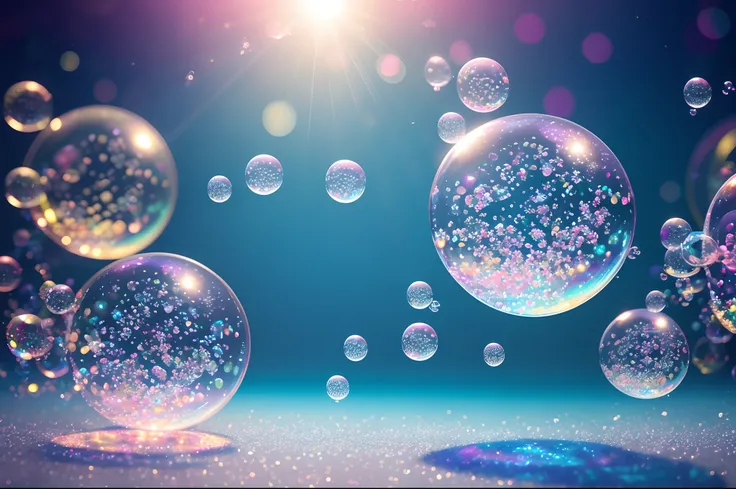 (best quality,highres:1.2),ultra-detailed,(realistic:1.37),shimmering,iridescent soap bubbles floating in a soft and dreamy background,some bubbles reflecting colorful light sources,some slightly defocused bubbles,magical sunlight streaming through the bub...