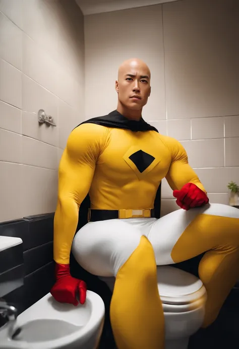 Saitama sitting on the toilet, wearing a yellow superhero outfit, white cape, black belt, red gloves and boots, looking directly at the camera, close-up image, realistic, HD, 8k