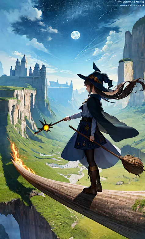 masterpiece, best quality, ultra-detailed, illustration, 1girl, solo, fantasy, flying, broom, night sky, outdoors, magic, spells, moon, stars, clouds, wind, hair, cape, hat, boots, broomstick, glowing, mysterious, enchanting, whimsical, playful, adventurou...