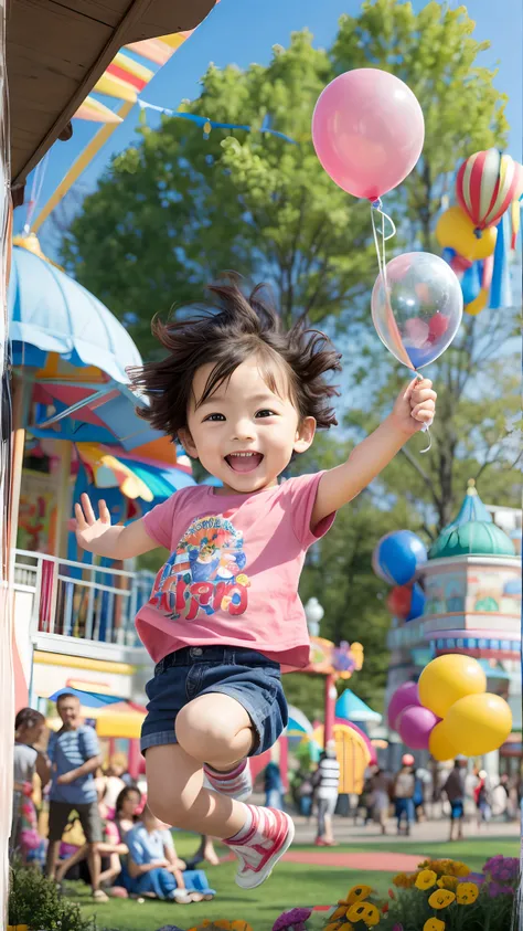 Poster making, Childrens Day, in the amusement park, a little boy holding a balloon, happy, jumping, happy